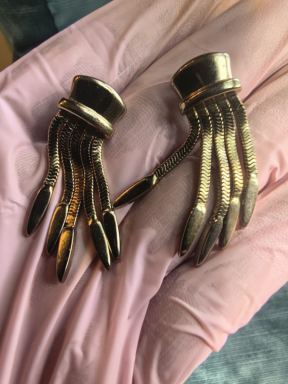 Vintage Monet Hand Clip On  Gold Tone Figural Glove Hand Statement Earrings
